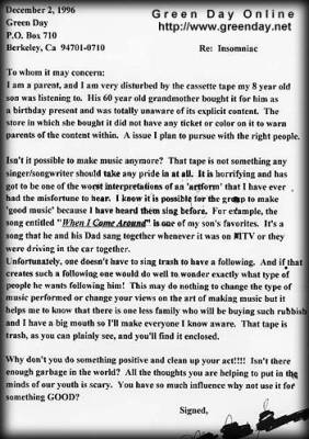 Lettre d'une mère scandalisée par les paroles des chansons de Green day